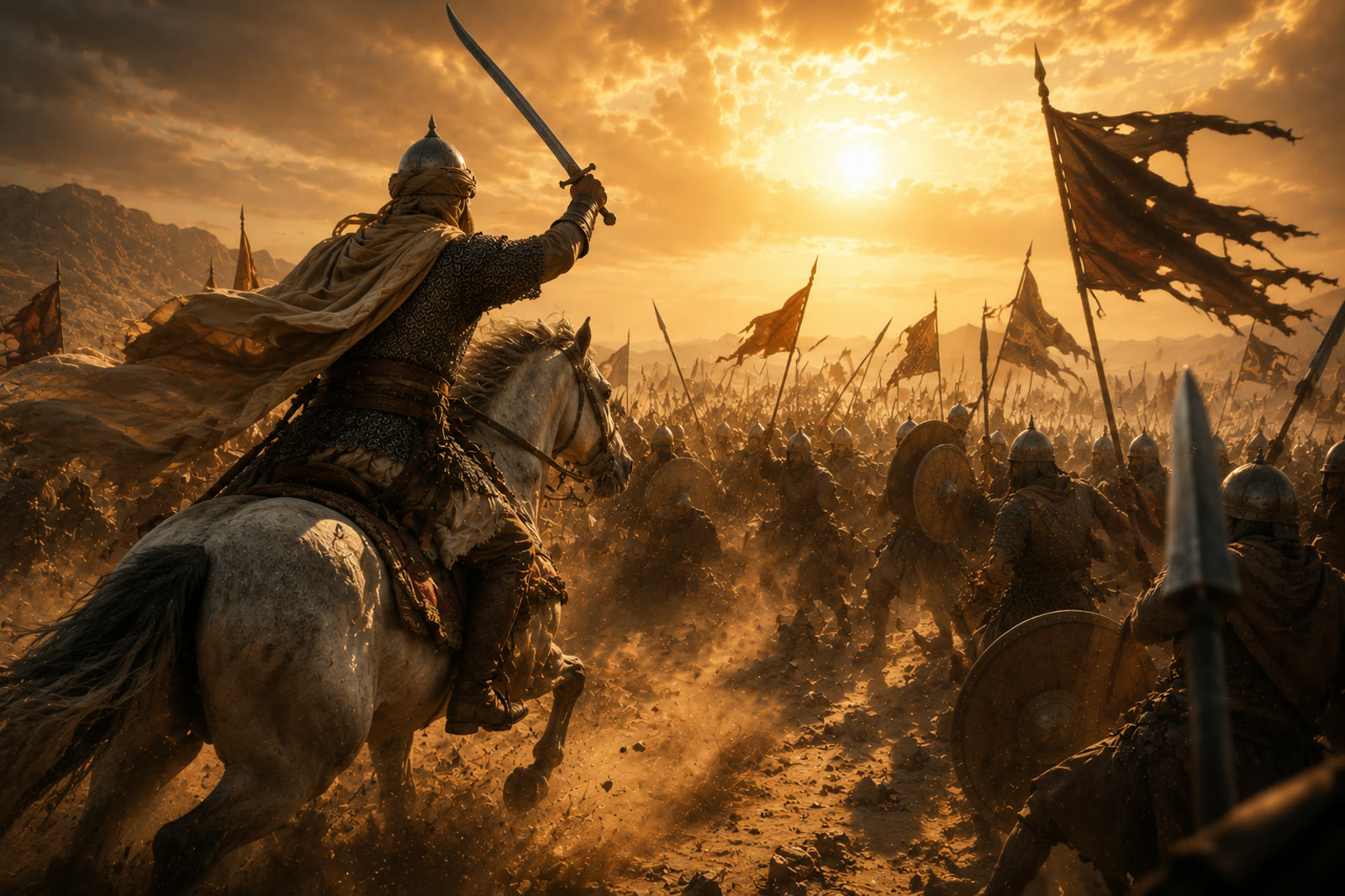 Concept art: a mounted warrior charges into battle at golden hour