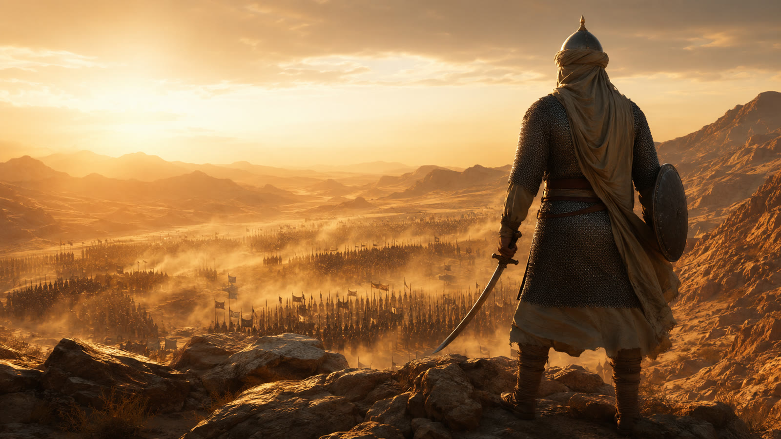Concept art: a lone warrior overlooks the armies gathered in the valley of Badr